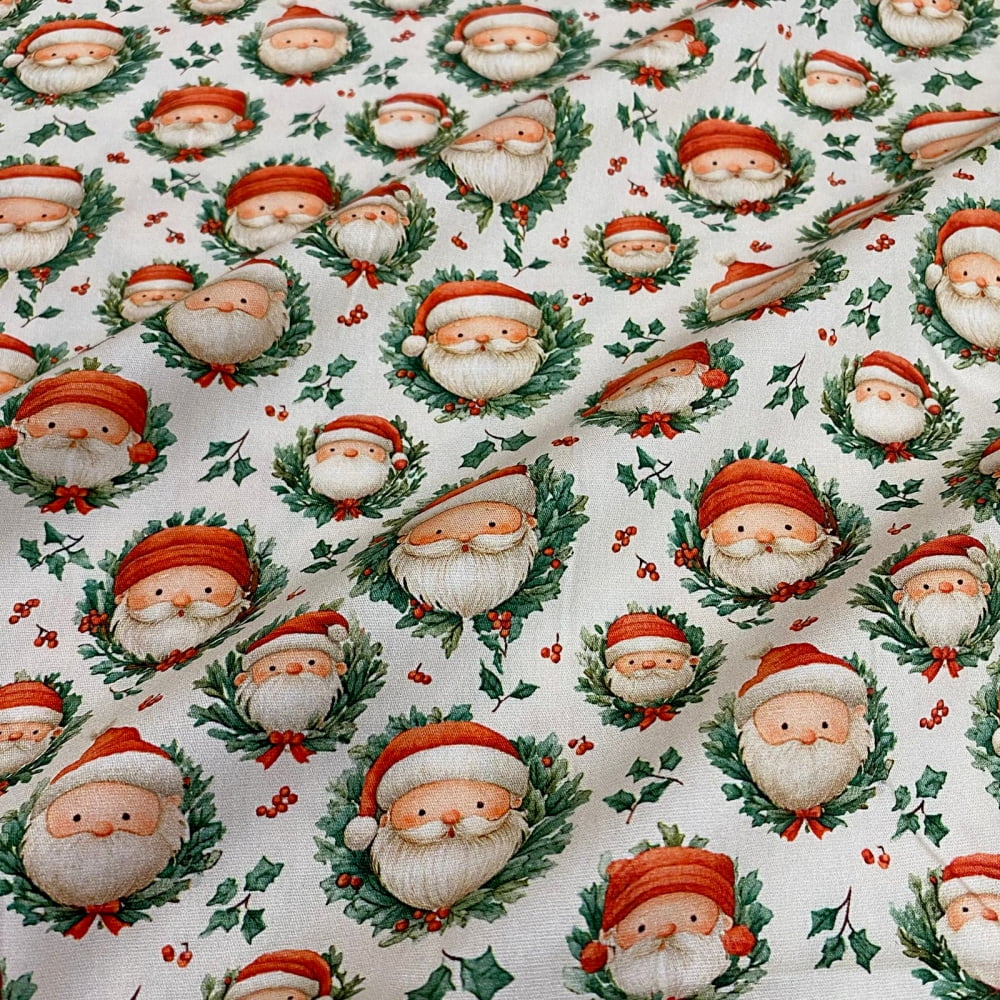 Tecido Tricoline Digital Natal Retro Guirlandas de Papai Noel