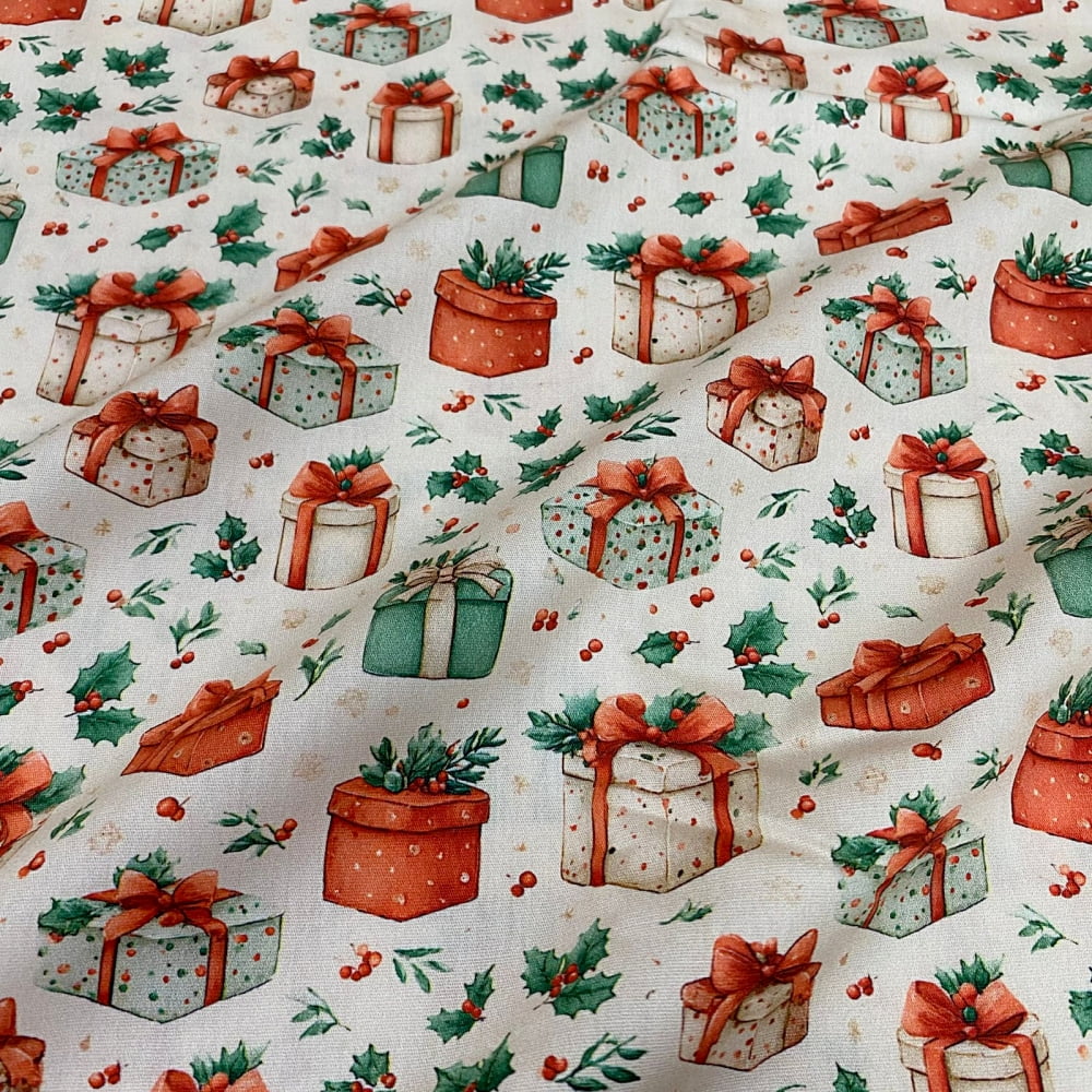 Tecido Tricoline Digital Natal Retro Presentes