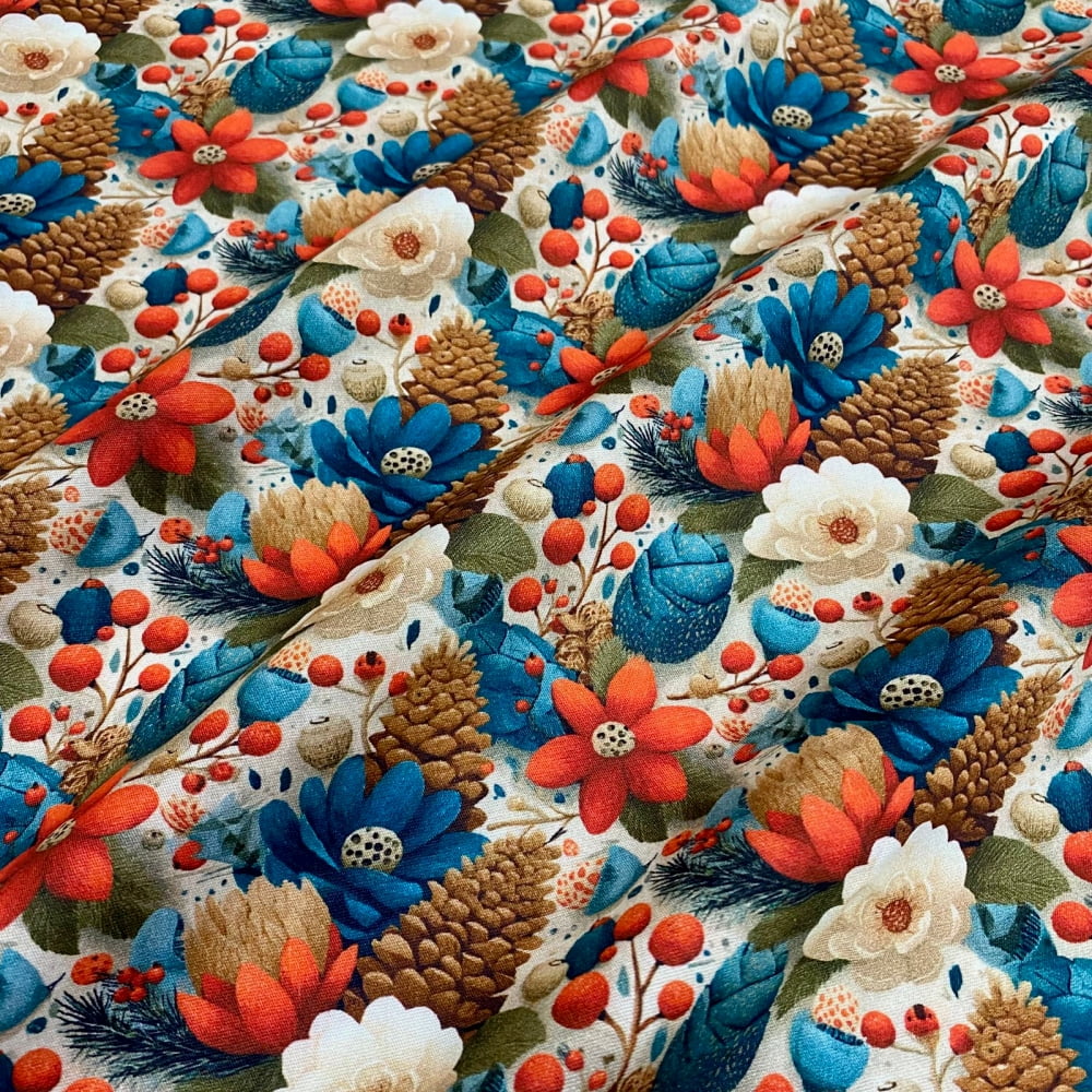 Tecido Tricoline Digital Natal Winter Flores e Pinhas Azul e Vermelho Alaranjado
