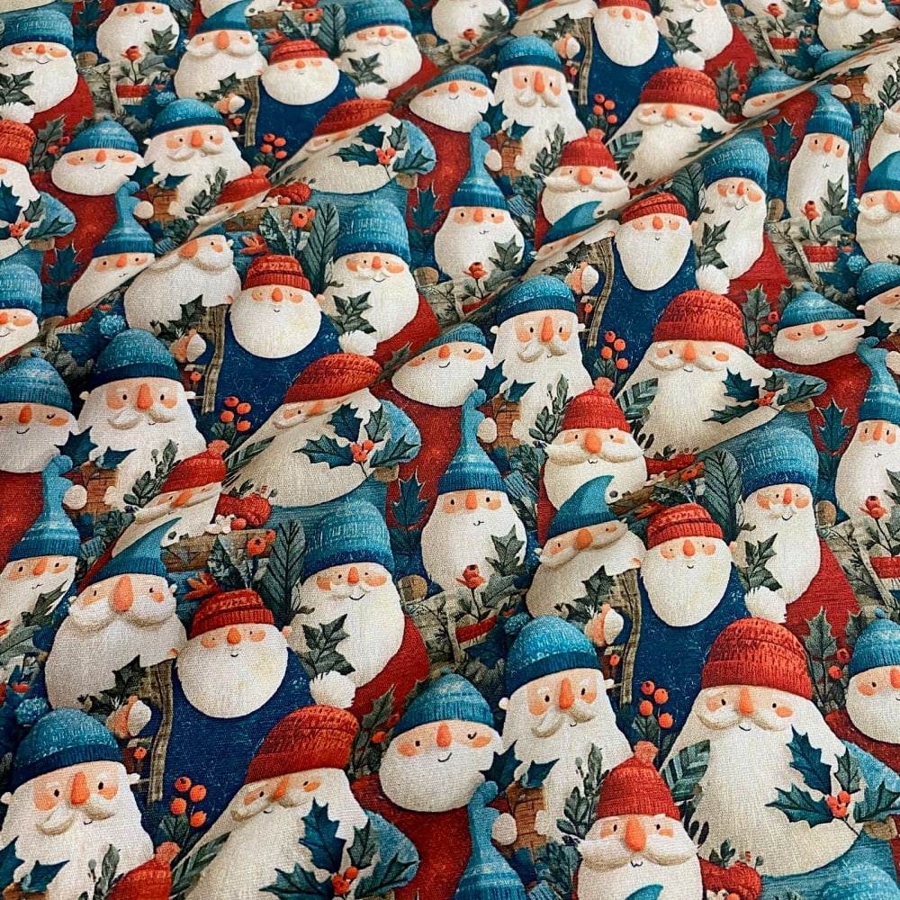 Tecido Tricoline Digital Natal Winter Papai Noel Azul e Vermelho Alaranjado