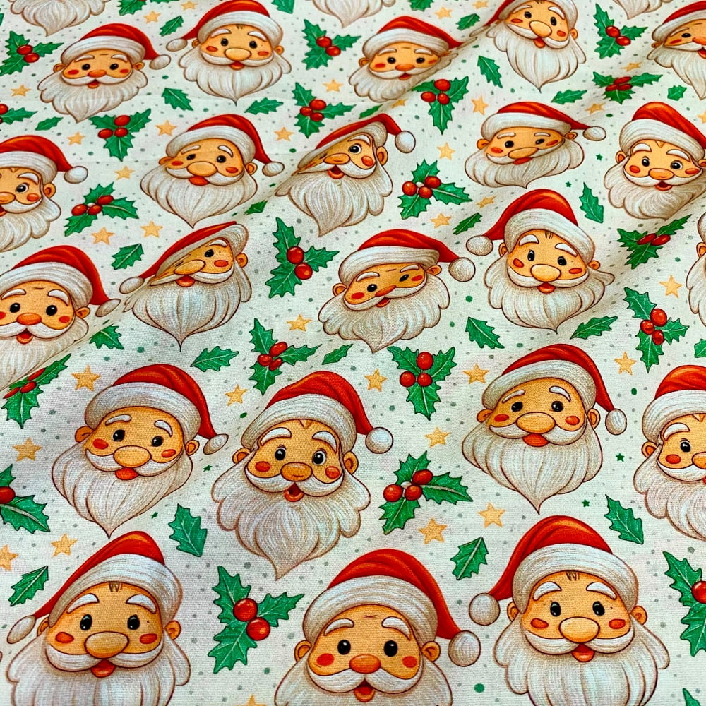 Tecido Tricoline Digital Papai Noel e Ramos de Azevinhos Fundo Off