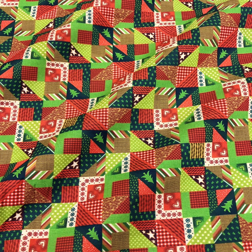 Tecido Tricoline Digital Quadradinhos Natal Verde Vermelho 