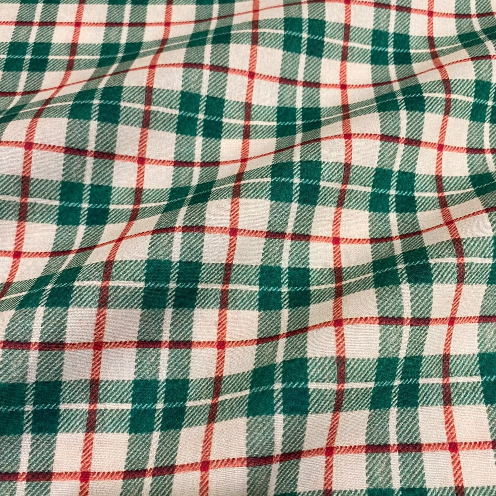 Tecido Tricoline Digital Xadrez Bordado de Natal Verde Vermelho Cru
