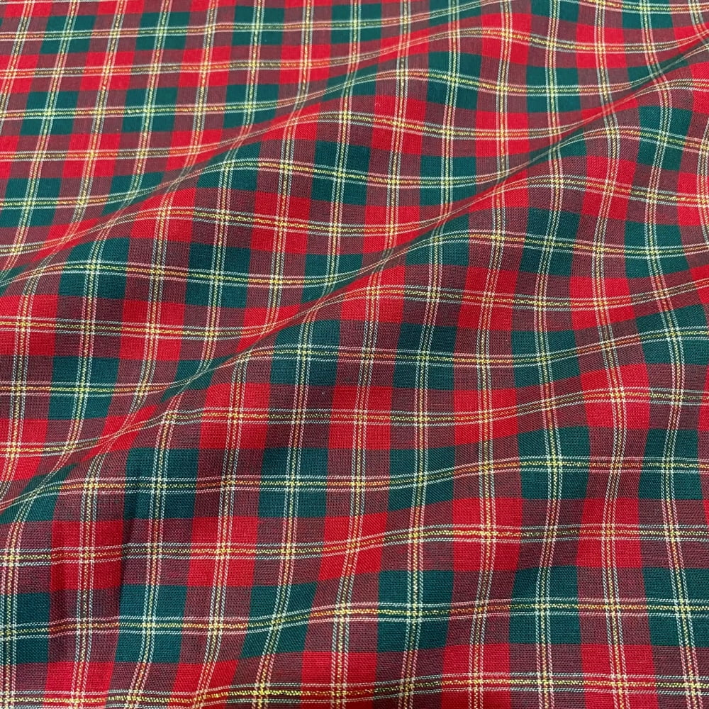 Tecido Tricoline Fio Tinto Xadrez Natal Medio Verde Escuro e Vermelho Dourado