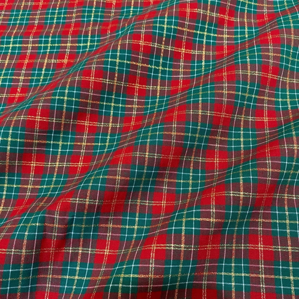 Tecido Tricoline Fio Tinto Xadrez Natal Medio Verde Vermelho Dourado