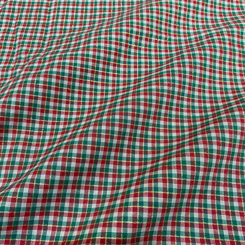 Tecido Tricoline Fio Tinto Xadrez Natal Pequeno Verde Vermelho Dourado
