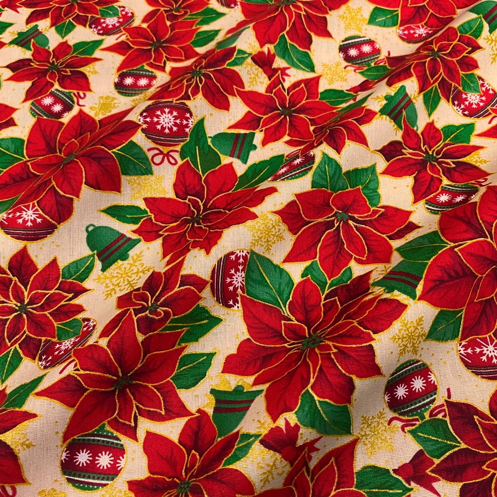 Tecido Tricoline Floral Bico de Papagaio e Bolas de Natal Fundo Cru Rimatex