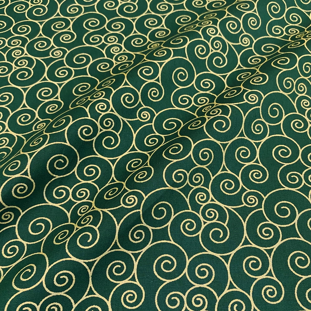 Tecido Tricoline Natal Arabesco Caracol Dourado Fundo Verde