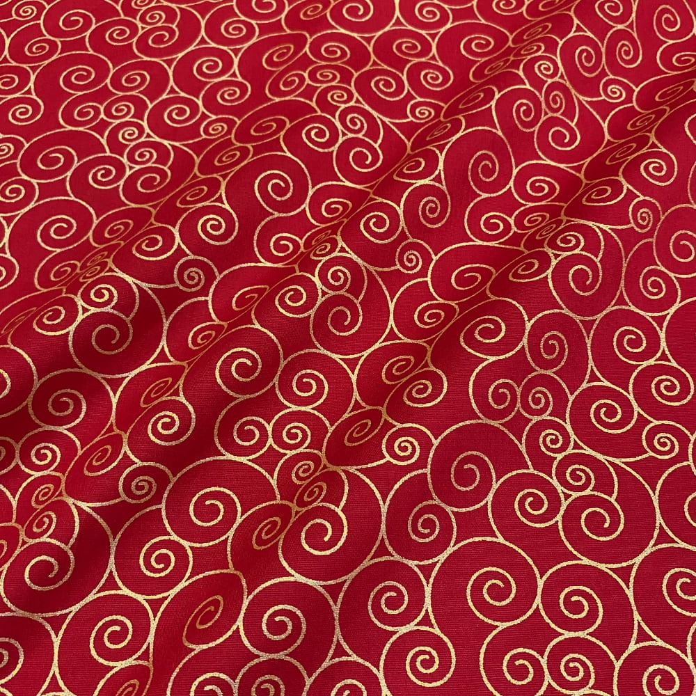 Tecido Tricoline Natal Arabesco Caracol Dourado Fundo Vermelho