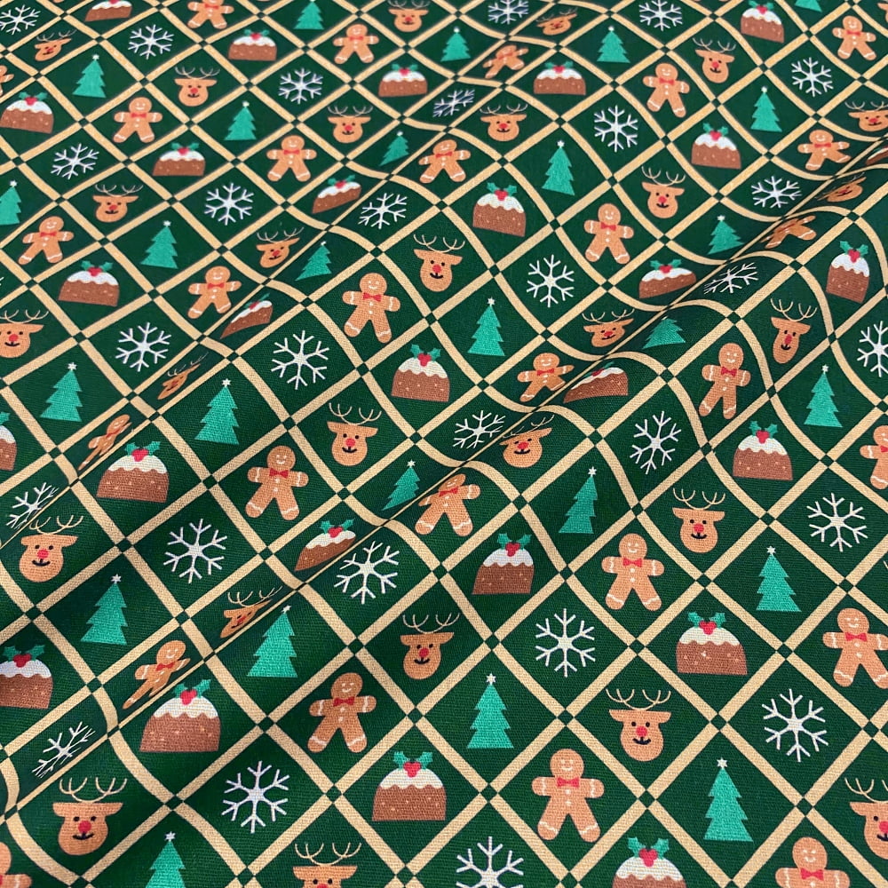 Tecido Tricoline Natal Artigos Natalinos Xadrez Diagonal Verde