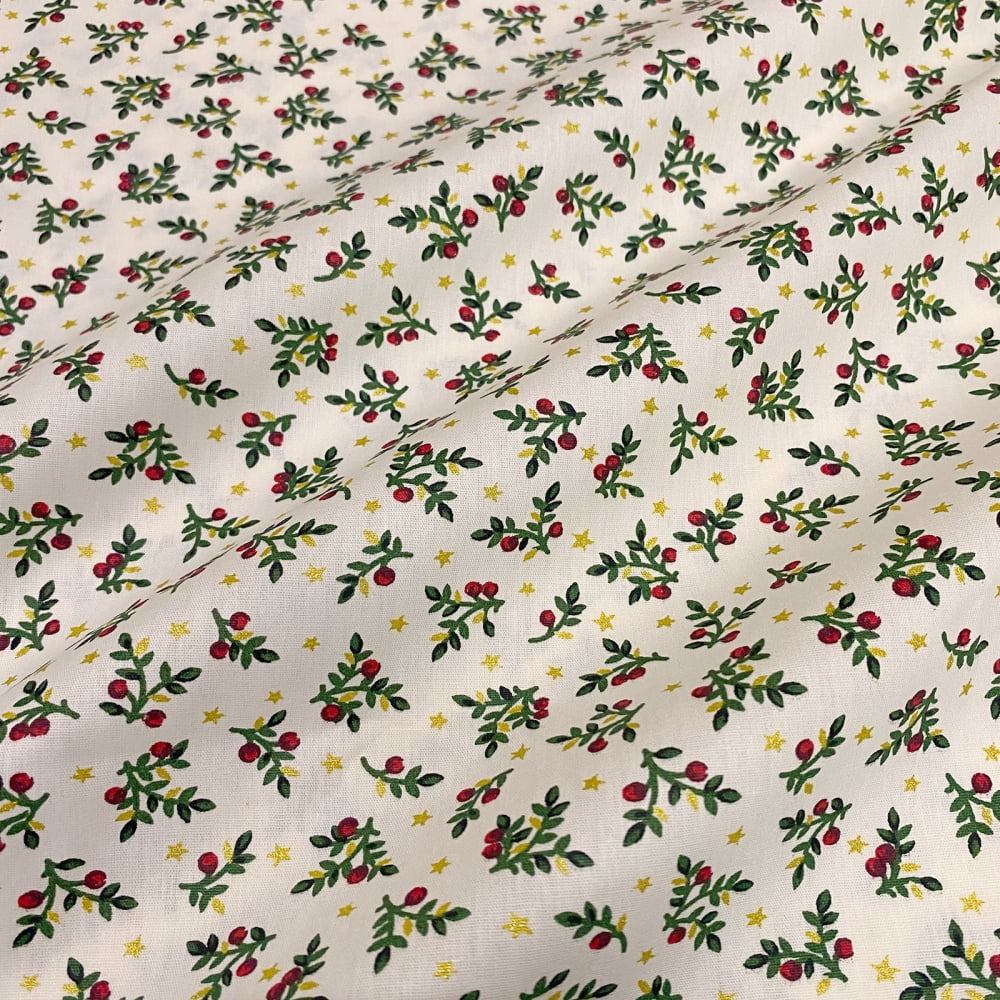Tecido Tricoline Natal Azevinhos e Estrelas Douradas Fundo Cru