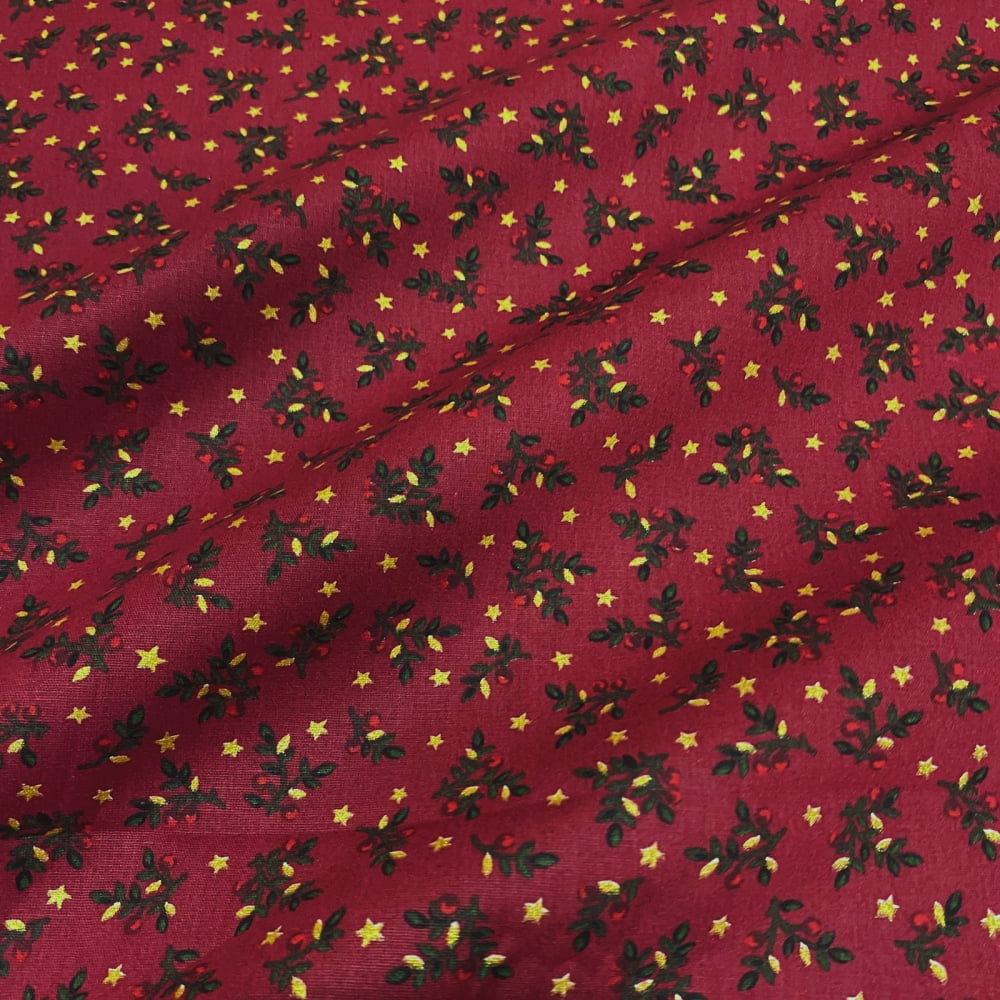 Tecido Tricoline Natal Azevinhos e Estrelas Douradas Fundo Vermelho