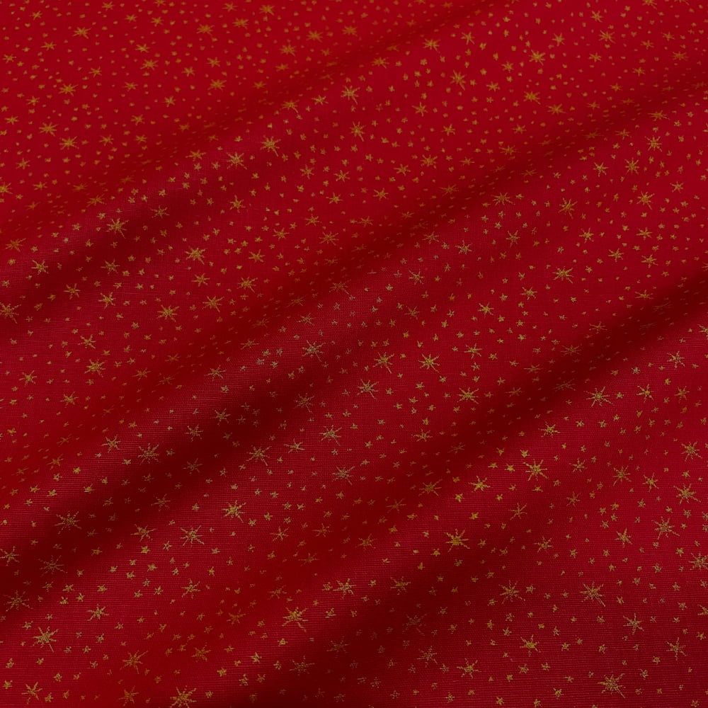 Tecido Tricoline Natal Estrelas Dourado Fundo Vermelho Rimatex