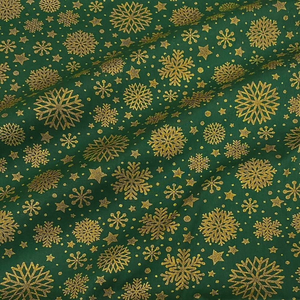 Tecido Tricoline Natal Flocos de Neve Dourado Verde