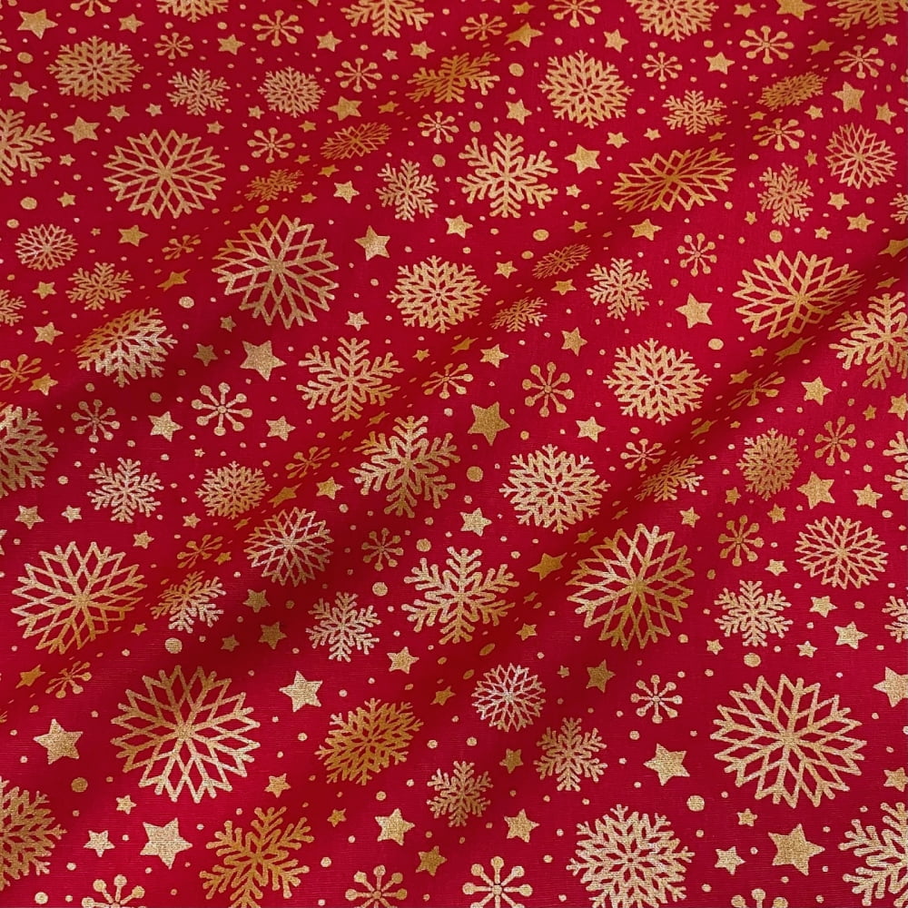 Tecido Tricoline Natal Flocos de Neve Dourado Vermelho