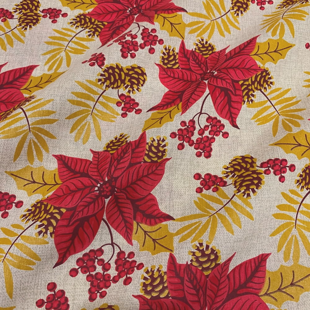 Tecido Tricoline Natal Floral Bico de Papagaio Grande Vermelho e Dourado Fundo Cru
