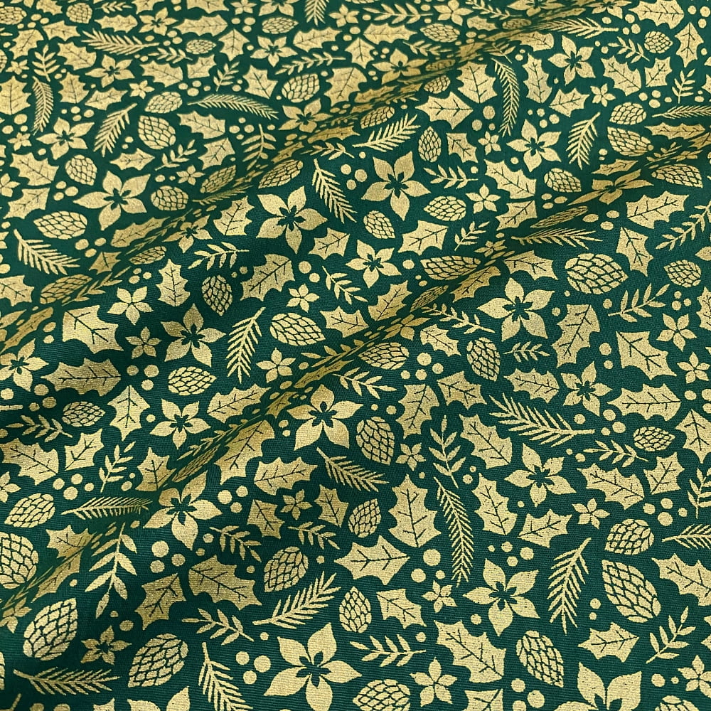 Tecido Tricoline Natal Flores e Folhas Dourado Fundo Verde