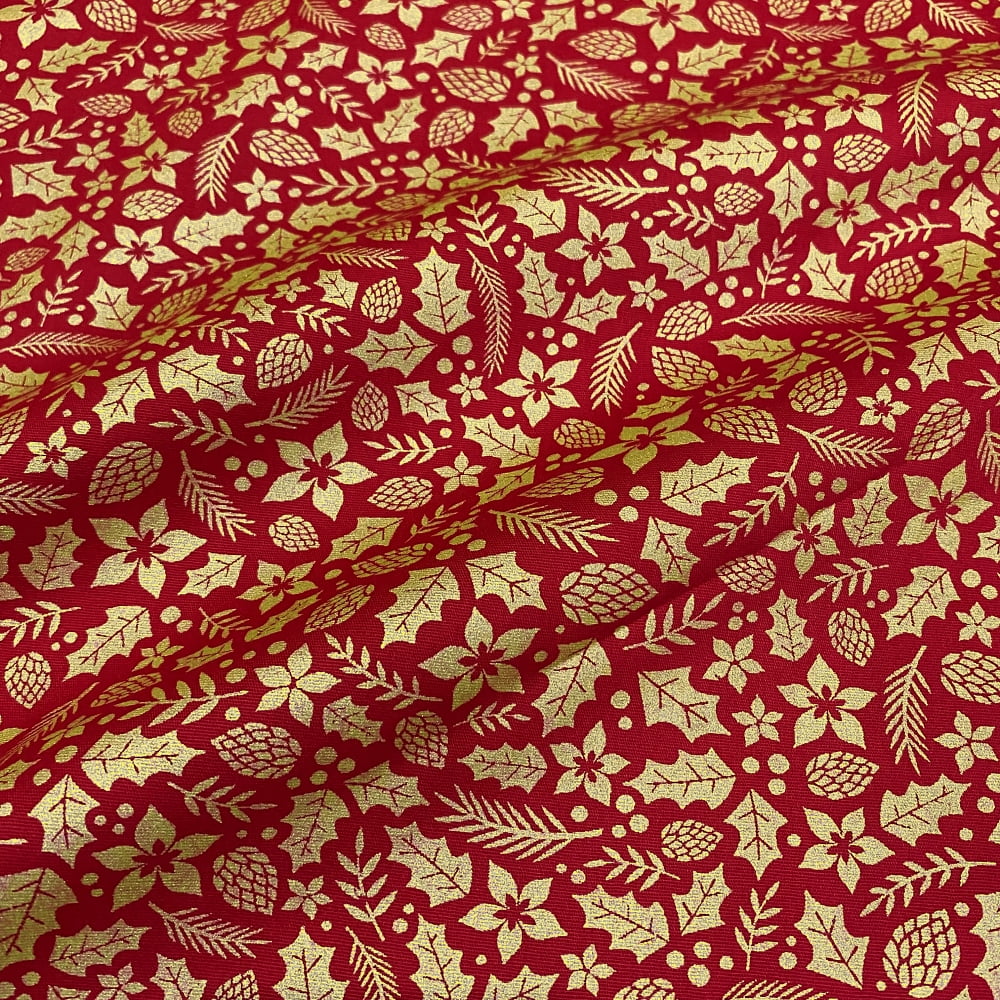 Tecido Tricoline Natal Flores e Folhas Dourado Fundo Vermelho