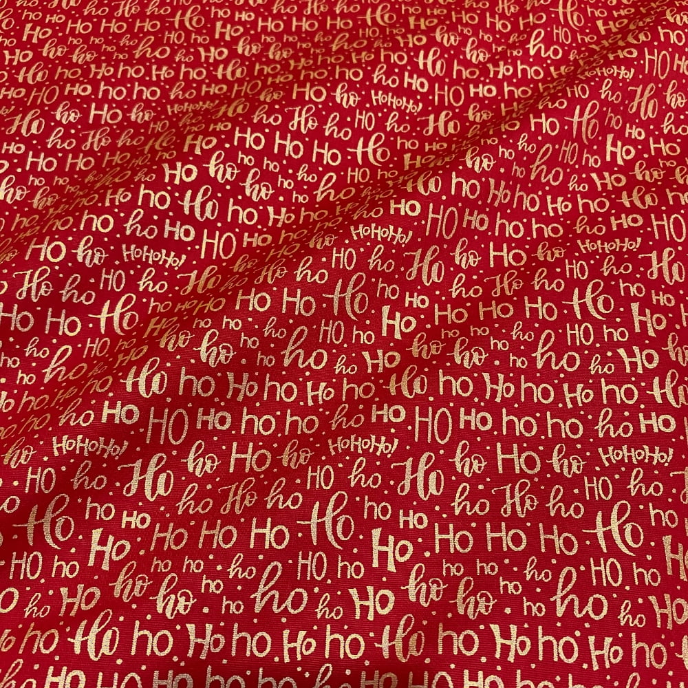 Tecido Tricoline Natal Palavras Ho Ho Dourado Fundo Vermelho