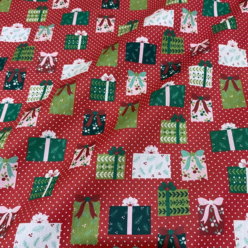 Tecido Tricoline Natal Presentes Verde Vermelho
