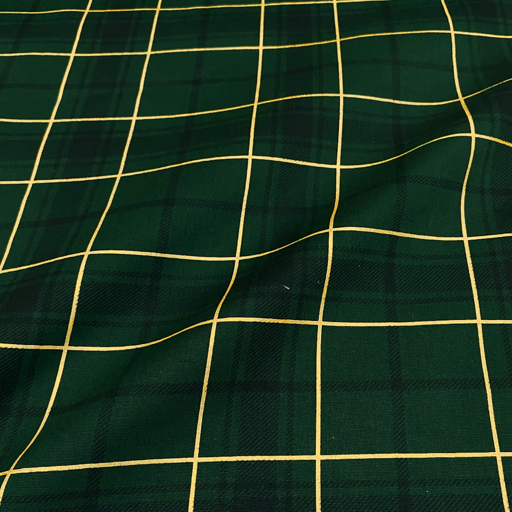 Tecido Tricoline Natal Xadrez Grande Verde Dourado