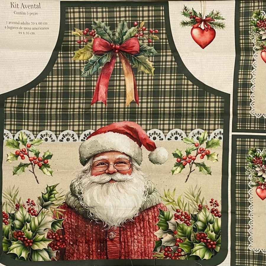 Tecido Tricoline Digital Painel Avental e Jogo Americano Papai Noel Xadrez Verde
