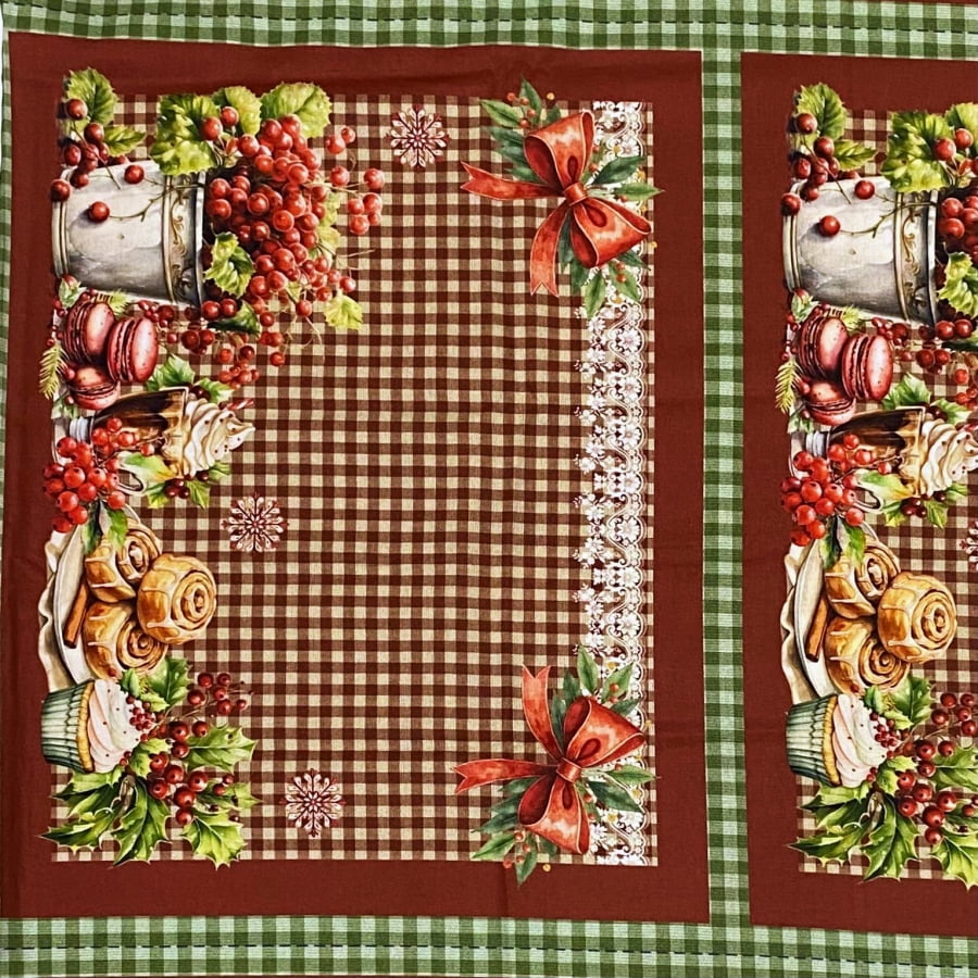 Tecido Tricoline Digital Painel Jogo Americano Doces de Natal Xadrez Vermelho
