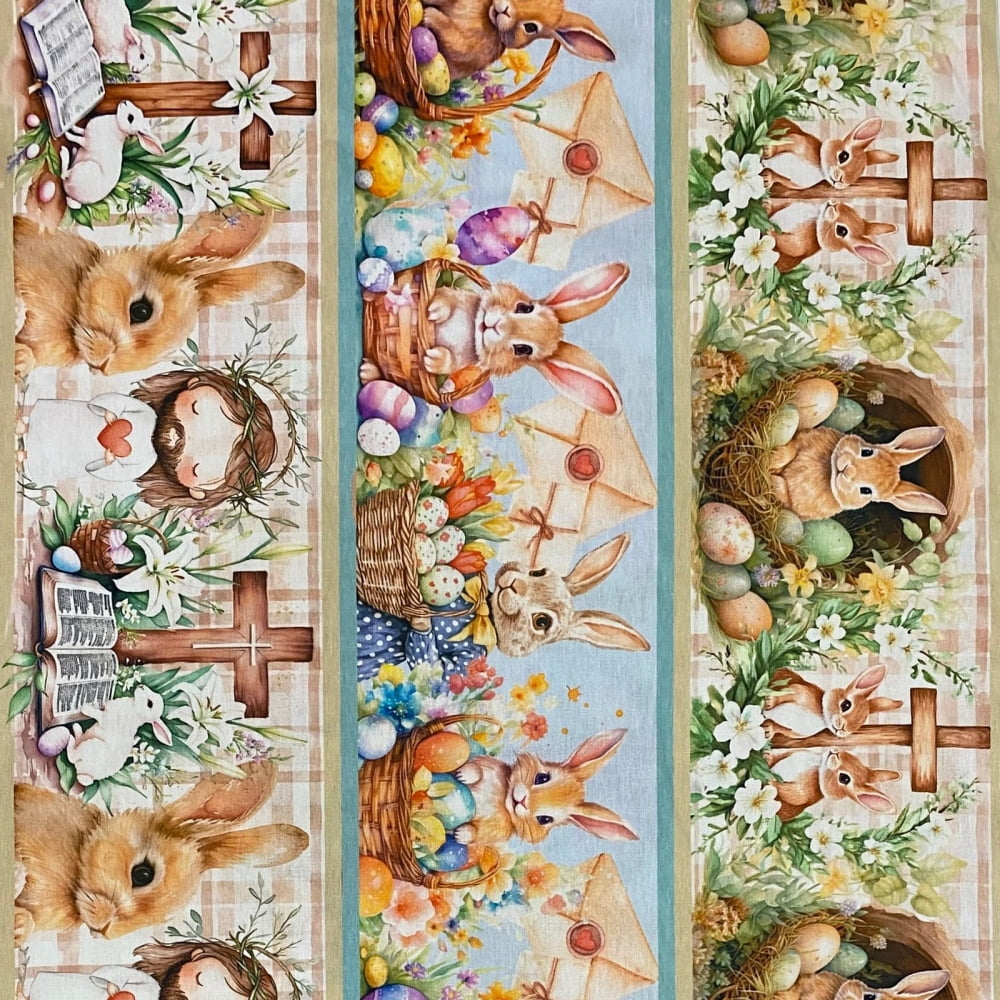 Tecido Tricoline Barrado Coelhos de Pascoa e Itens Religiosos 