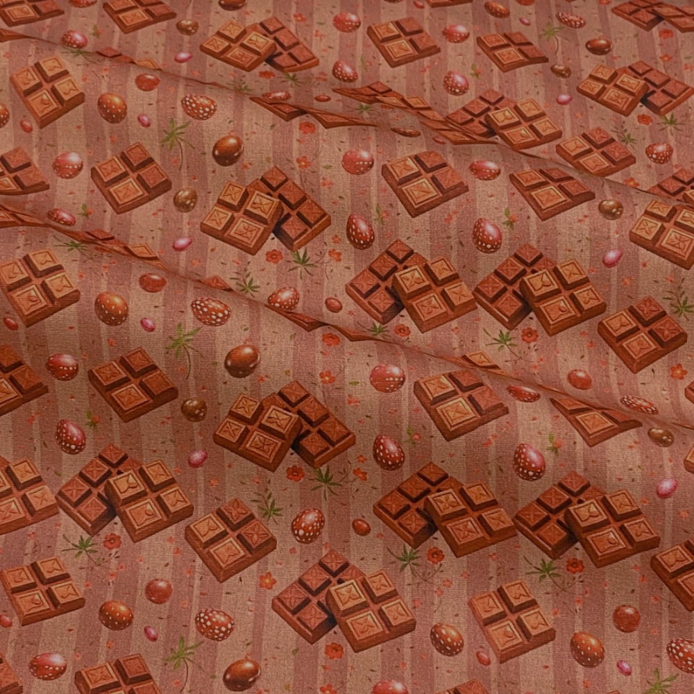 Tecido Tricoline Chocolates e Ovos de Pascoa Fundo Listras Marrom
