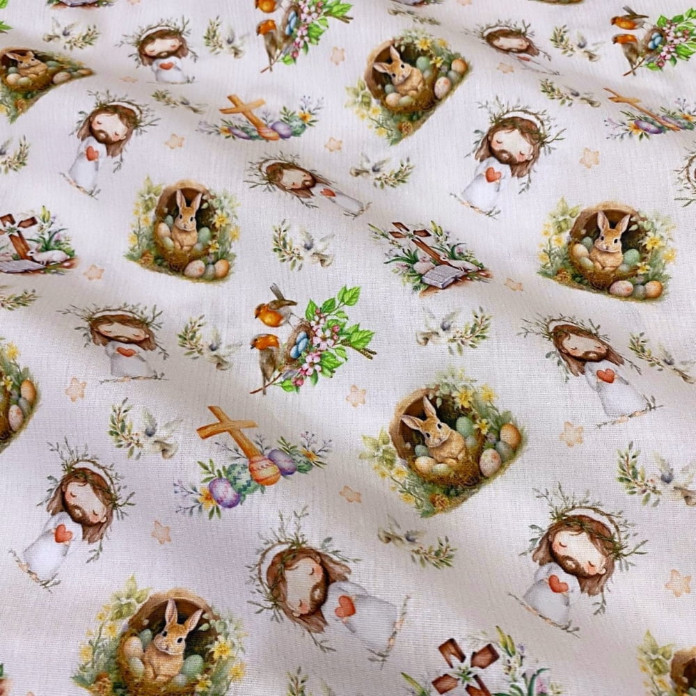 Tecido Tricoline Coelhos de Pascoa e Itens Religiosos