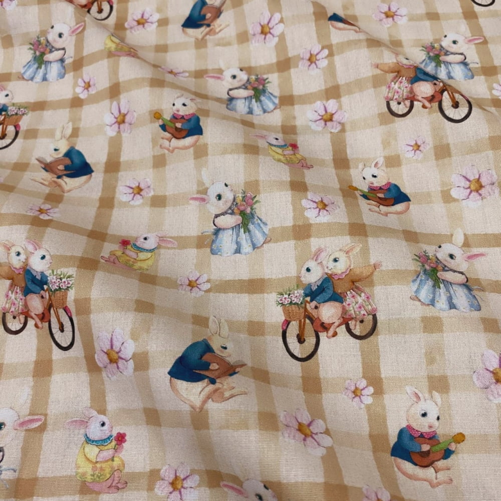 Tecido Tricoline Coelhos de Pascoa Vintage no Campo Fundo Xadrez Bege