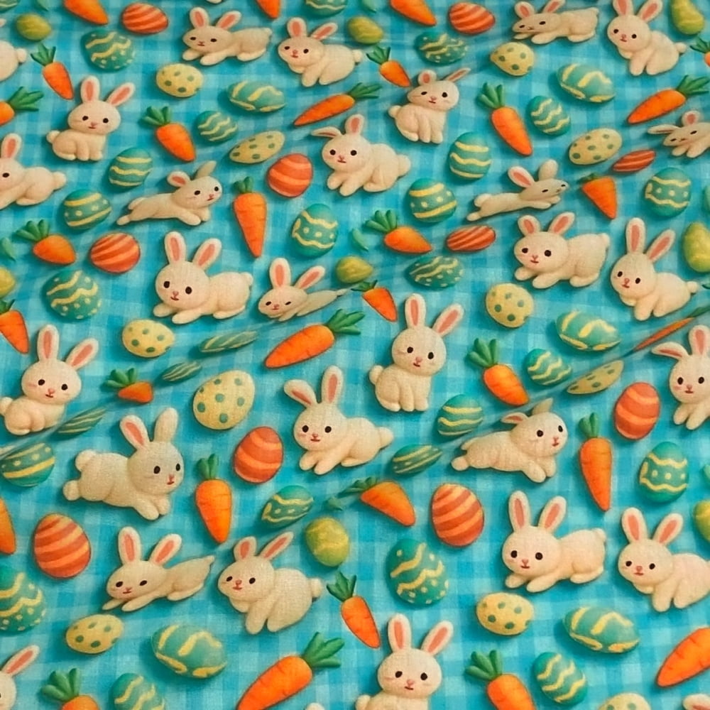 Tecido Tricoline Coelhos e Ovos de Pascoa Cenoura 3D Fundo Xadrez Tiffany
