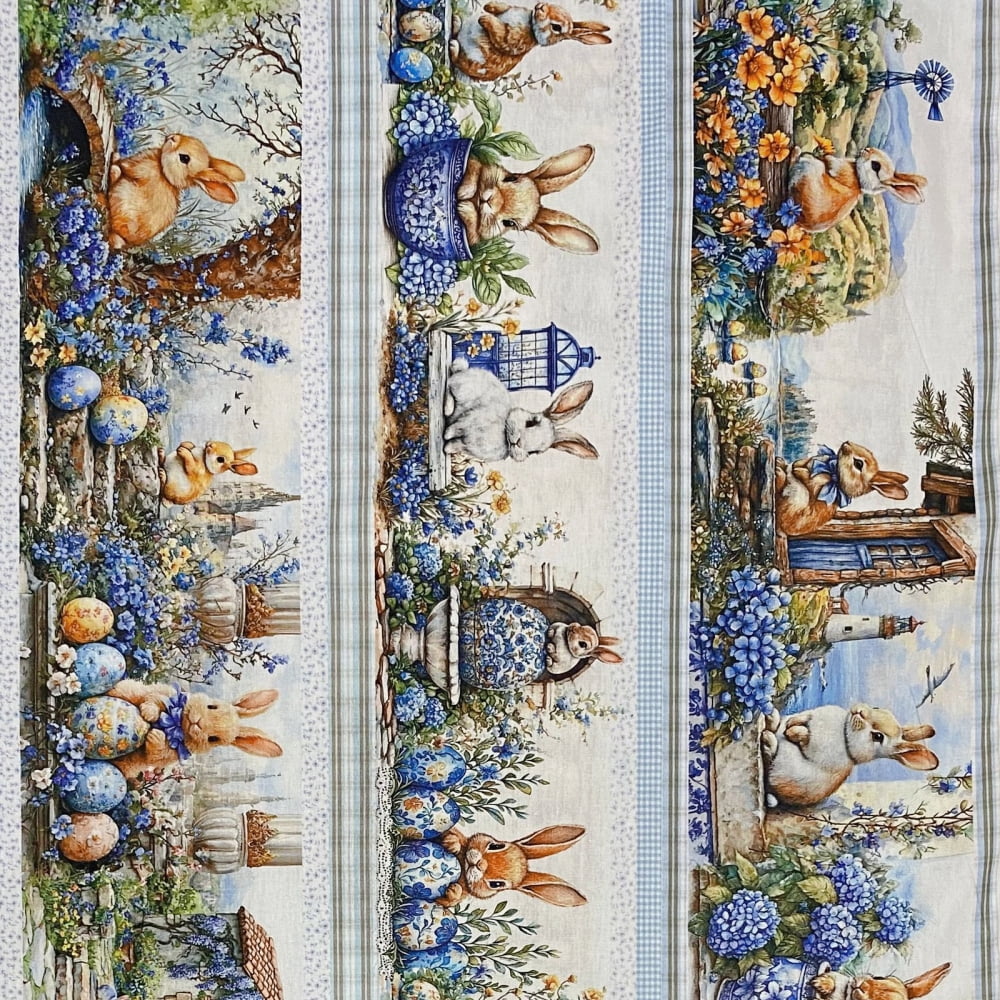Tecido Tricoline Barrado Coelhos de Pascoa Azul