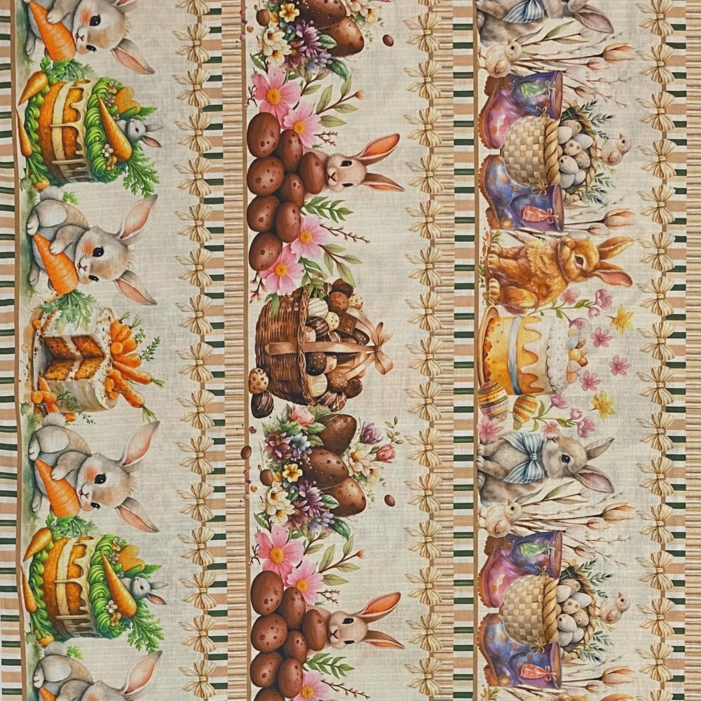 Tecido Tricoline Barrado Coelhos de Pascoa Mundo Doce