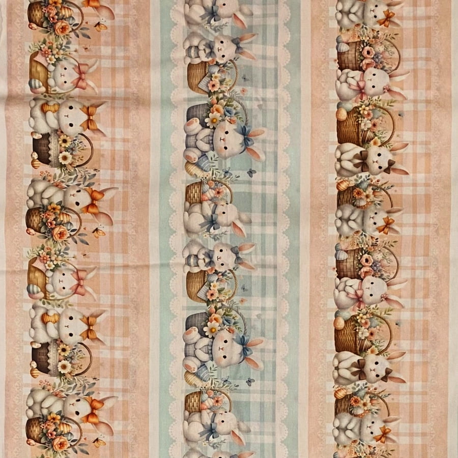 Tecido Tricoline Digital Barrados Cesta de Coelhos Fofos Pascoa Fofa