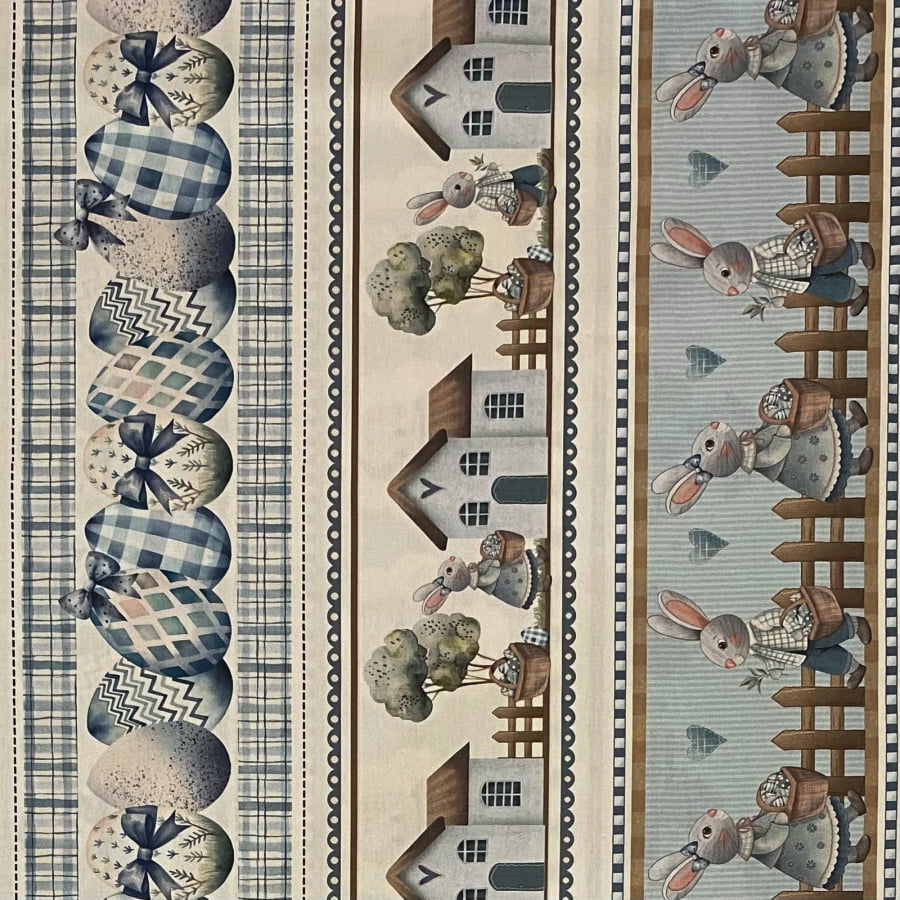 Tecido Tricoline Digital Barrados Pascoa Azul Laços e Chapeus