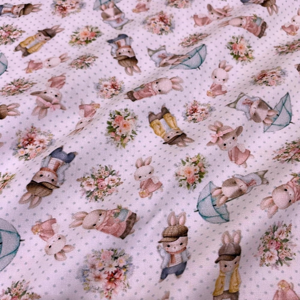 Tecido Tricoline Digital Coelhinhos de Casaco Fundo Poa