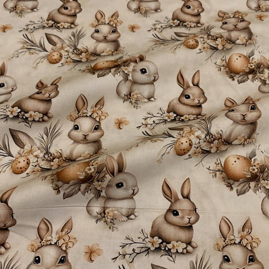 Tecido Tricoline Digital Coelhos de Pascoa Bege Páscoa Natural