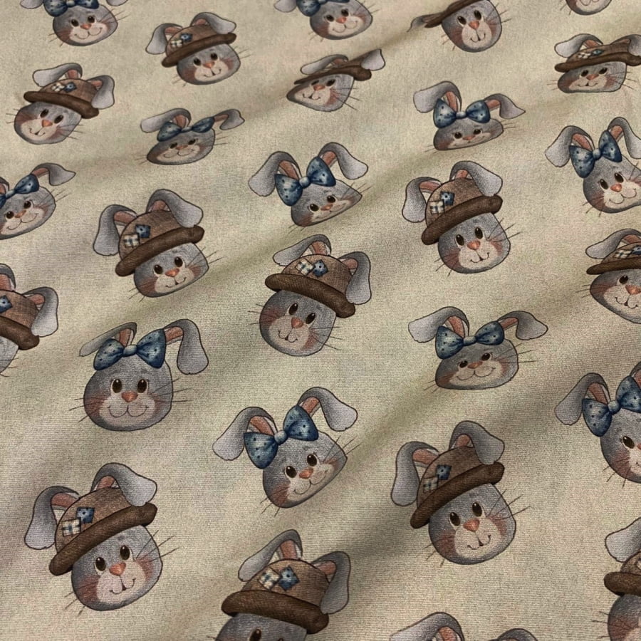 Tecido Tricoline Digital Coelhos e Coelhas Laços e Chapéus Pascoa Azul