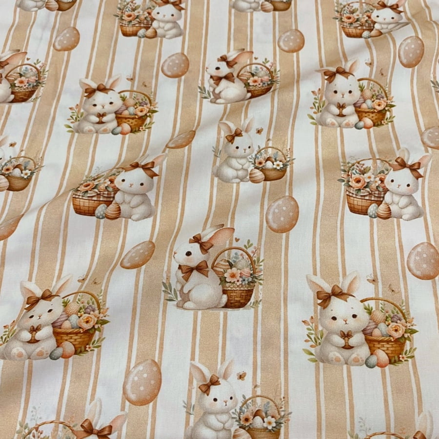 Tecido Tricoline Digital Coelhos Fofos Pascoa Listras Bege
