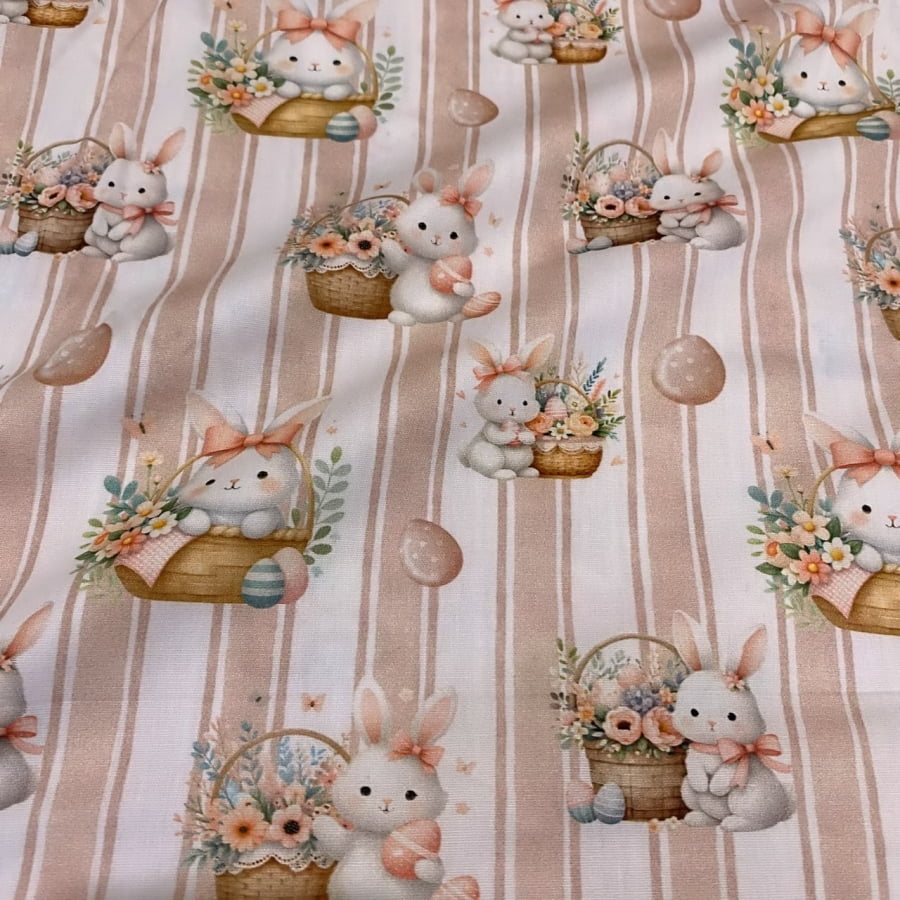 Tecido Tricoline Digital Coelhos Fofos Pascoa Listras Rose