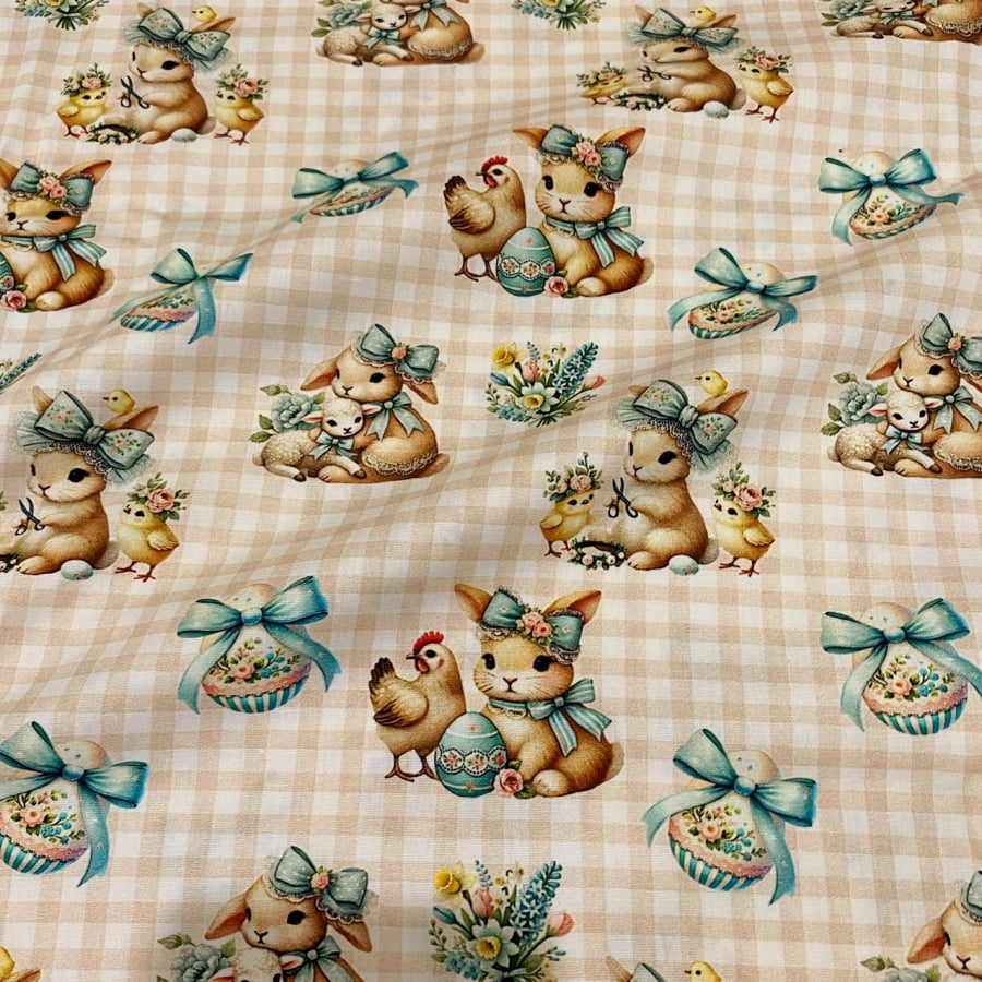 Tecido Tricoline Digital Jardim de Coelhinhos e Laços Azuis Fundo Xadrez Pascoa 