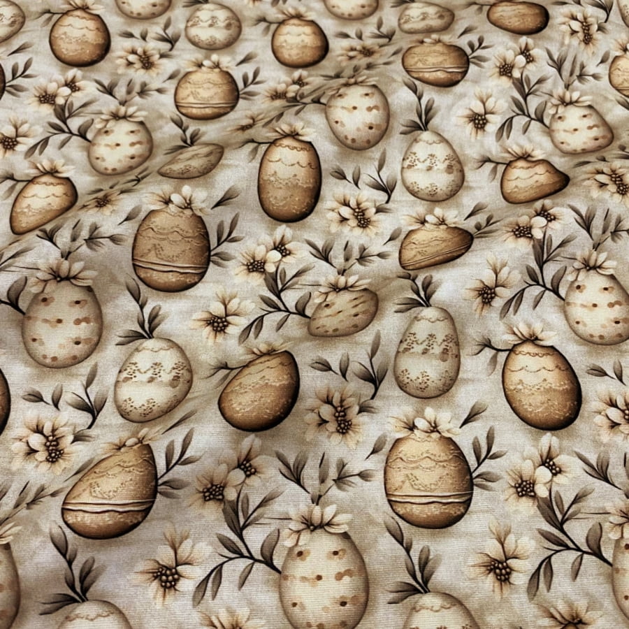 Tecido Tricoline Digital Ovos de Pascoa Bege Páscoa Natural