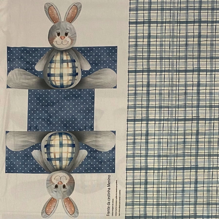 Tecido Tricoline Digital Painel Cestinha e Mini Coelho Pascoa Azul 