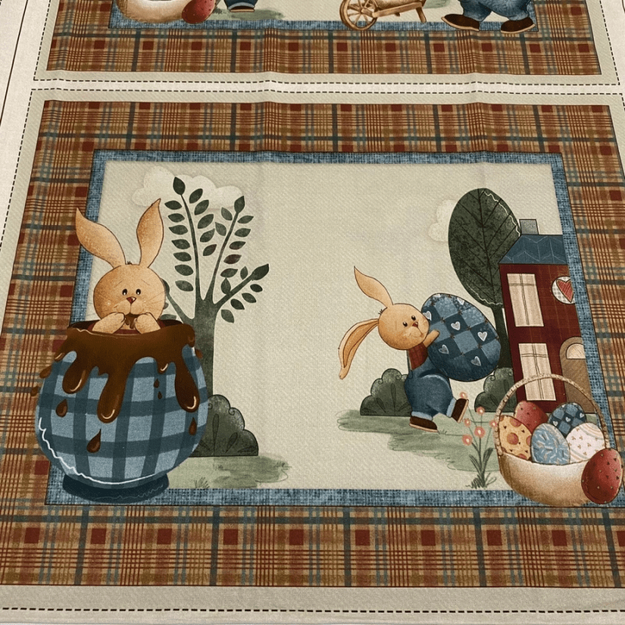 Tecido Tricoline Digital Painel Pascoa Jogo Americano Coelhos e Ovos Marfim Vinho Azul