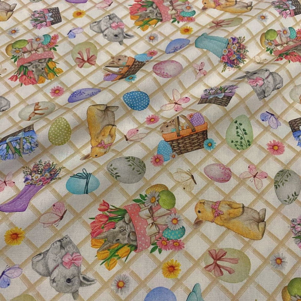 Tecido Tricoline Digital Pascoa Coelhos Ovos e Flores Fundo Xadrez