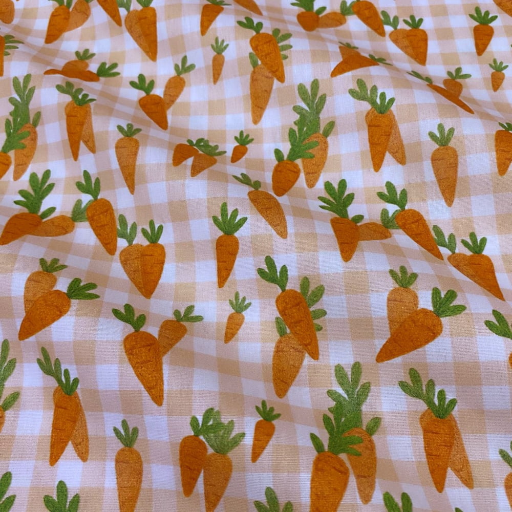 Tecido Tricoline Pascoa Cenoura Fundo Xadrez Laranja