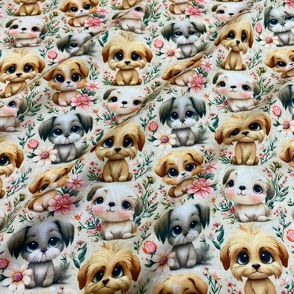 Tecido Tricoline Digital Cachorrinhos e Flores (Bichinhos no Jardim)