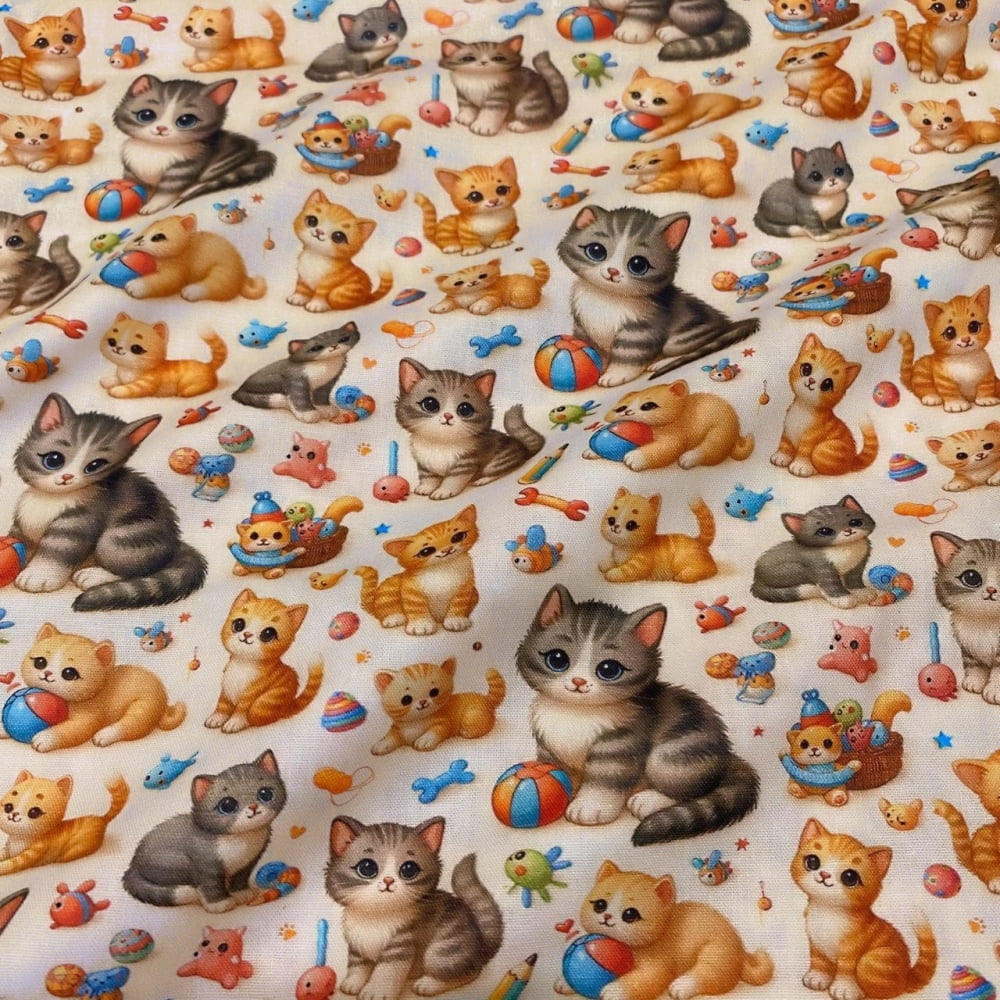 Tecido Tricoline Digital Gatinhos e Brinquedos