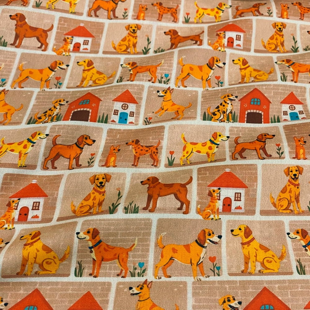 Tecido Tricoline Pets Parede de Cachorrinhos Laranja